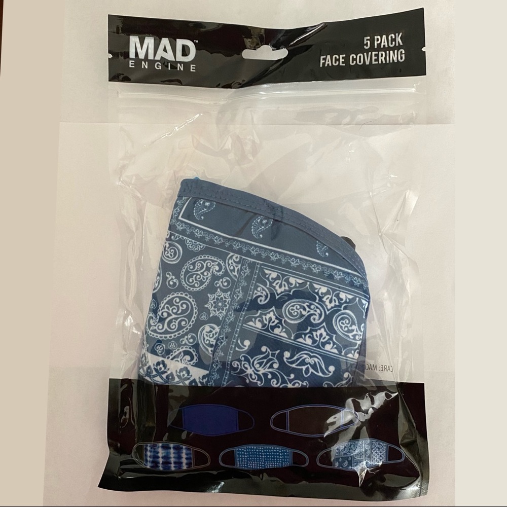 Mad Engine 5 Pack Face Coverings Blue, Black, Tie Dye, Dotted, Swirls Designs